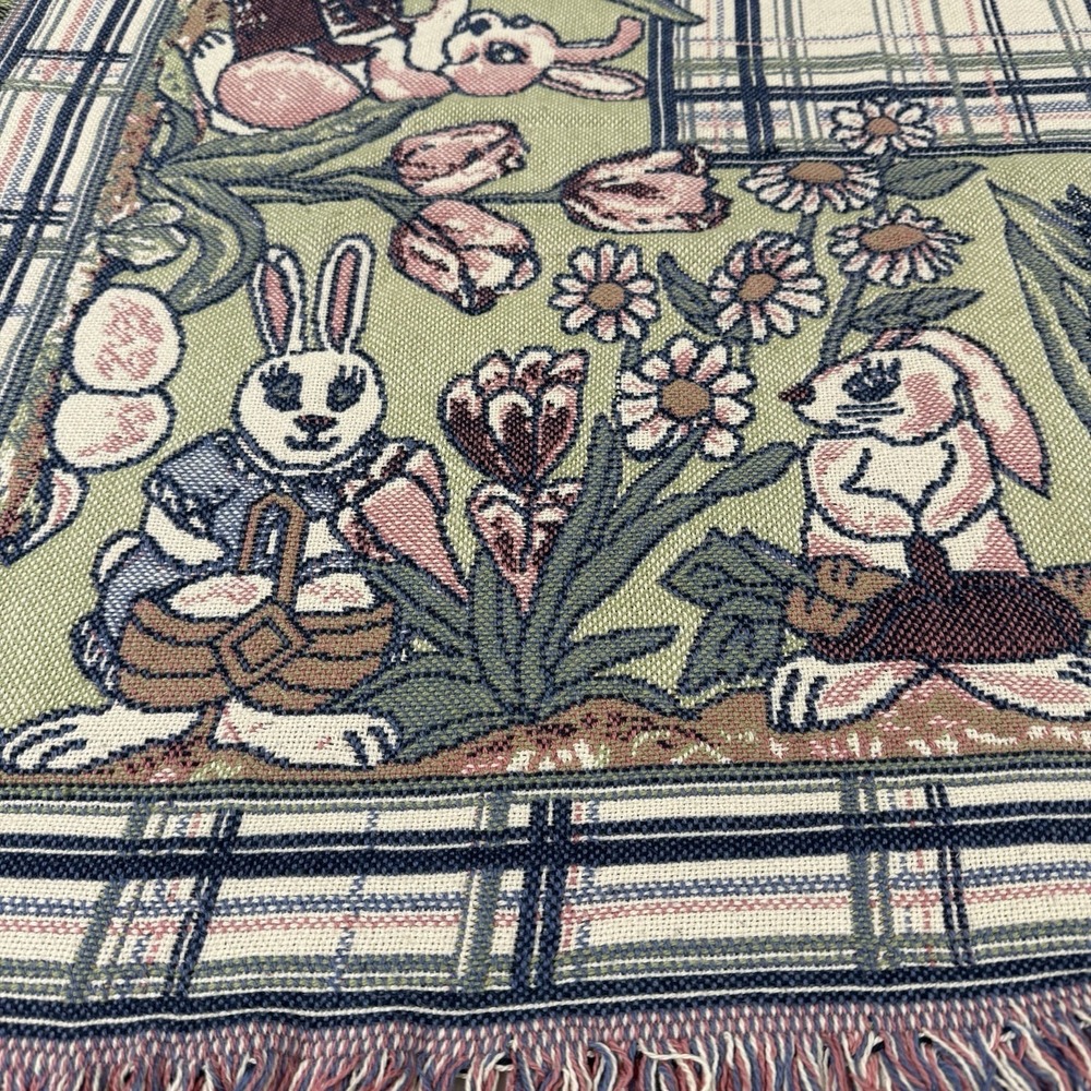 VTG Woven Tapestry Throw Blanket Afghan Decor 68x48 Floral Spring Rabbit Bunnies